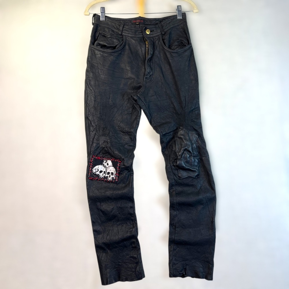VTG Linus Leather Pants Womens 29 Black Skull‎ Patch Distressed Biker Punk Goth